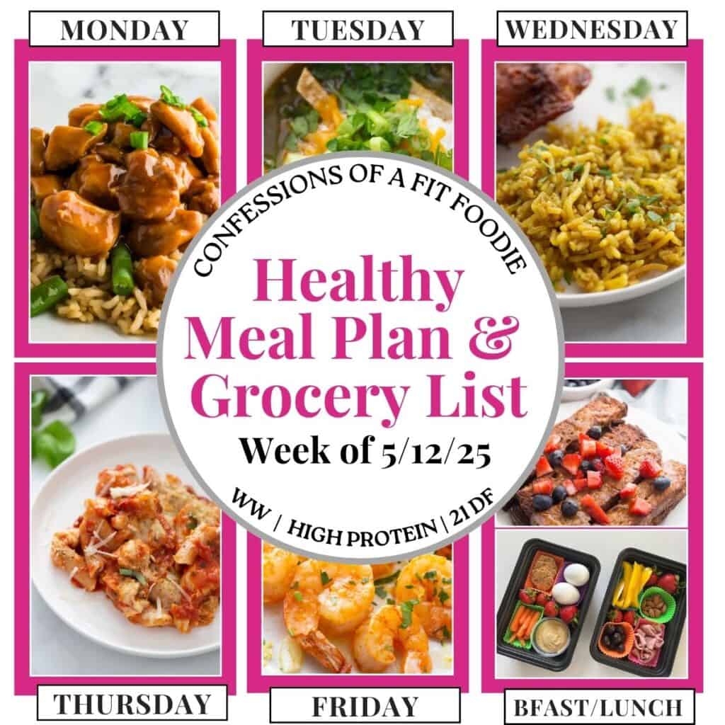 Food photo collage with pink and black text on a white circle. Text says, "Healthy Meal Plan and Grocery List Week of 5/12/25". Above and below each photo is names of the day of the week and "bfast/lunch" in black all caps text.