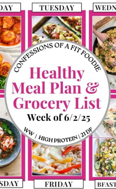 Food photo collage with pink and black text on a white circle. Text says, "Healthy Meal Plan and Grocery List Week of 6/2/25". Above and below each photo is the names of the day of the week and "bfast/lunch" in black all caps text.