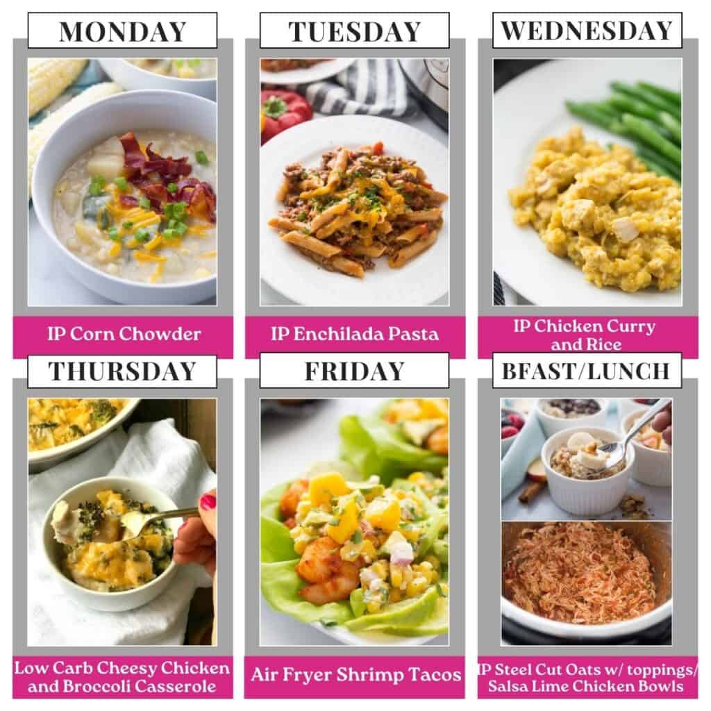Food photo collage with seven pictures. Above each photo is a text box with the days of the week or "bfast/lunch" in all caps black text on a white rectangle. Under each food photo is the name of the recipe in white text on a pink background.