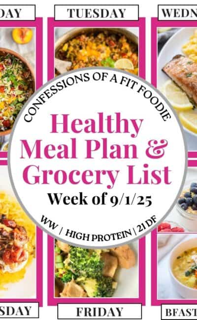 Food photo collage with pink and black text on a white circle. Text says, "Healthy Meal Plan and Grocery List Week of 9/1/25". Above and below each photo is the names of the day of the week and "bfast/lunch" in black all caps text.