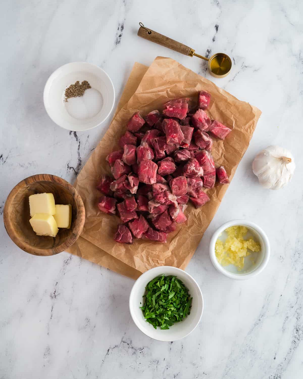 Ingredients for garlic butter steak bites. 