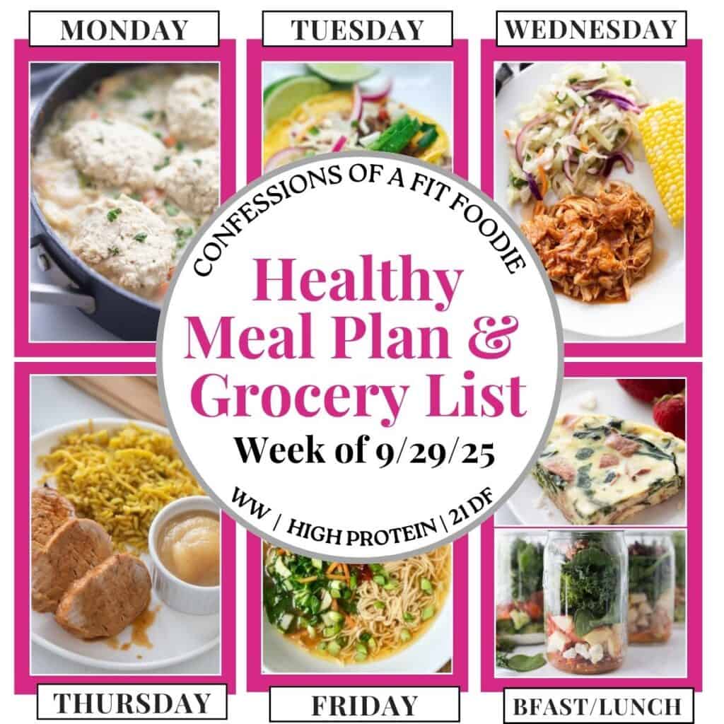 Food photo collage with pink and black text on a white circle. Text says, "Healthy Meal Plan and Grocery List Week of 9/29/25". Above and below each photo is the names of the day of the week and "bfast/lunch" in black all caps text.