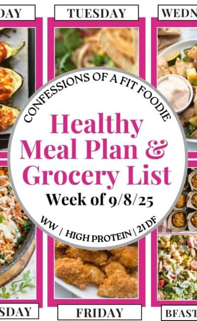 Food photo collage with pink and black text on a white circle. Text says, "Healthy Meal Plan and Grocery List Week of 9/8/25". Above and below each photo is the names of the day of the week and "bfast/lunch" in black all caps text.