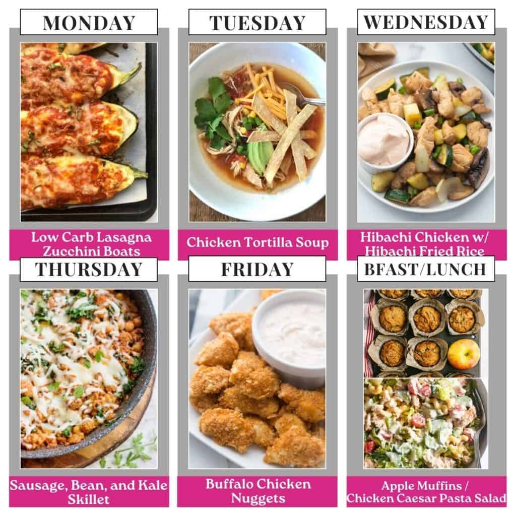 Food photo collage with seven pictures. Above each photo is a text box with the days of the week or "bfast/lunch" in all caps black text on a white rectangle. Under each food photo is the name of the recipe in white text on a pink background.