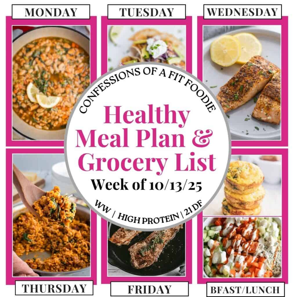 Food photo collage with pink and black text on a white circle. Text says, "Healthy Meal Plan and Grocery List Week of 10/13/25". Above and below each photo is the names of the day of the week and "bfast/lunch" in black all caps text.