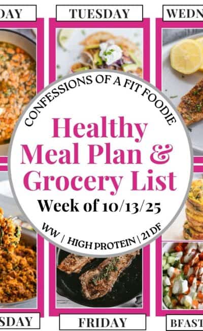 Food photo collage with pink and black text on a white circle. Text says, "Healthy Meal Plan and Grocery List Week of 10/13/25". Above and below each photo is the names of the day of the week and "bfast/lunch" in black all caps text.