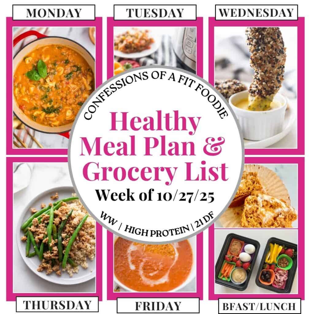 Food photo collage with pink and black text on a white circle. Text says, "Healthy Meal Plan and Grocery List Week of 10/27/25". Above and below each photo is the names of the day of the week and "bfast/lunch" in black all caps text.