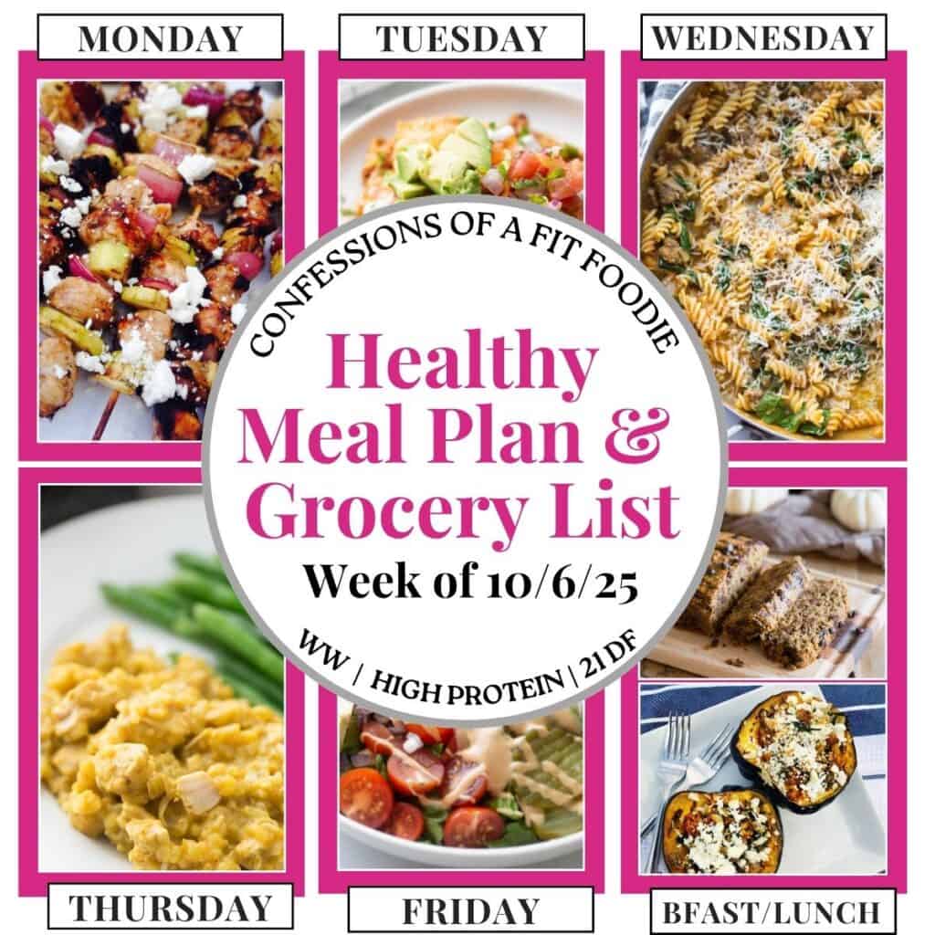 Food photo collage with pink and black text on a white circle. Text says, "Healthy Meal Plan and Grocery List Week of 10/6/25". Above and below each photo is the names of the day of the week and "bfast/lunch" in black all caps text.