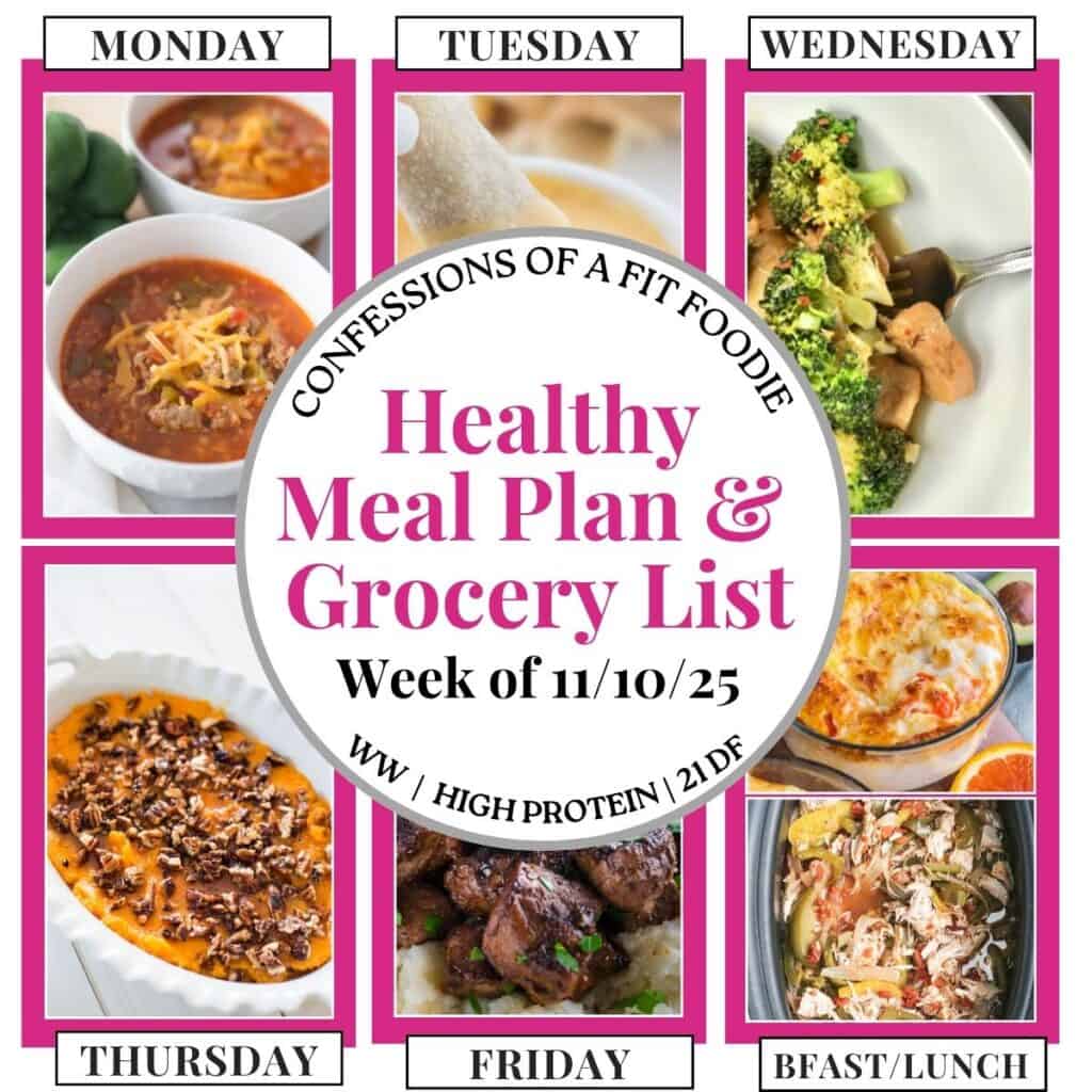 Food photo collage with pink and black text on a white circle. Text says, "Healthy Meal Plan and Grocery List Week of 11/10/25". Above and below each photo is the names of the day of the week and "bfast/lunch" in black all caps text.