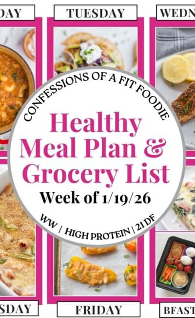 Food photo collage with pink and black text on a white circle. Text says, "Healthy Meal Plan and Grocery List Week of 1/19/26". Above and below each photo is the names of the day of the week and "bfast/lunch" in black all caps text.