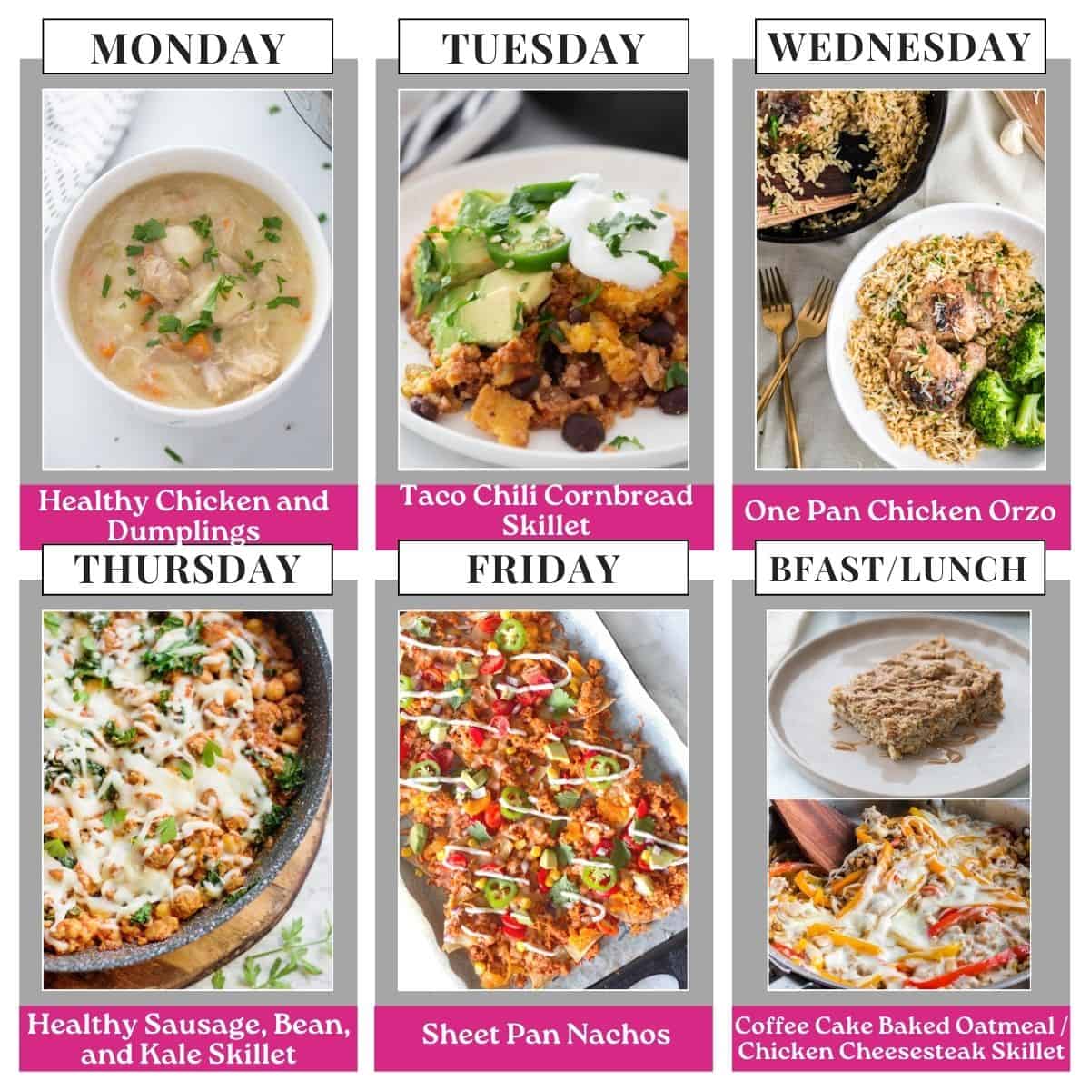 Food photo collage with seven pictures. Above each photo is a text box with the days of the week or "bfast/lunch" in all caps black text on a white rectangle. Under each food photo is the name of the recipe in white text on a pink background.