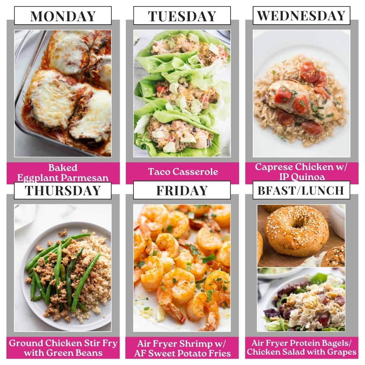 Food photo collage with seven pictures. Above each photo is a text box with the days of the week or "bfast/lunch" in all caps black text on a white rectangle. Under each food photo is the name of the recipe in white text on a pink background.