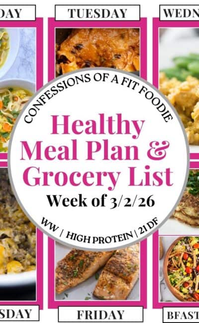 Food photo collage with pink and black text on a white circle. Text says, "Healthy Meal Plan and Grocery List Week of 3/3/26". Above and below each photo is the names of the day of the week and "bfast/lunch" in black all caps text.