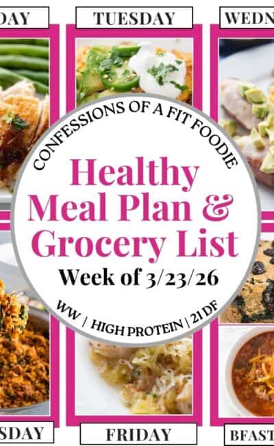 Food photo collage with pink and black text on a white circle. Text says, "Healthy Meal Plan and Grocery List Week of 3/23/26". Above and below each photo is the names of the day of the week and "bfast/lunch" in black all caps text.