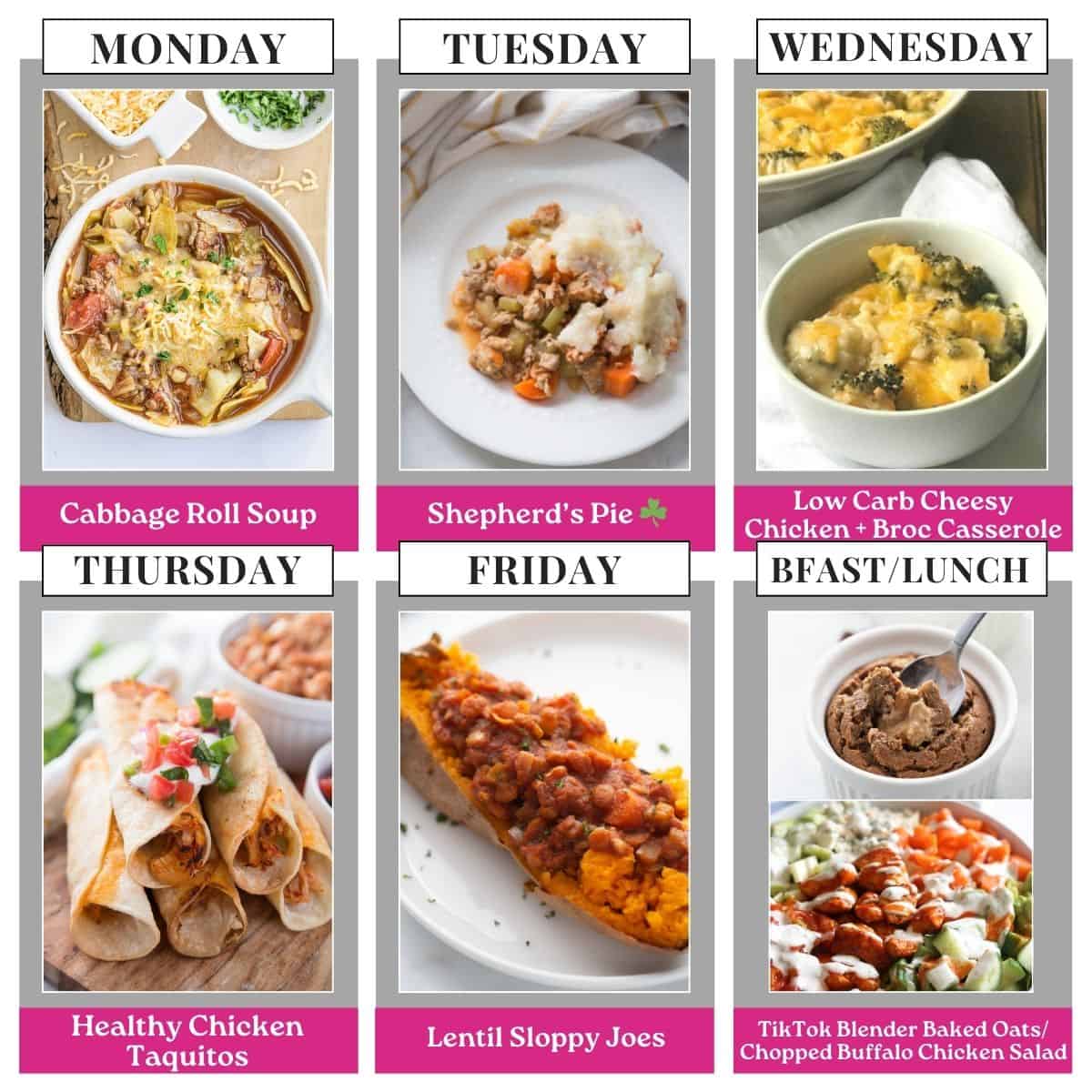 Food photo collage with seven pictures. Above each photo is a text box with the days of the week or "bfast/lunch" in all caps black text on a white rectangle. Under each food photo is the name of the recipe in white text on a pink background.