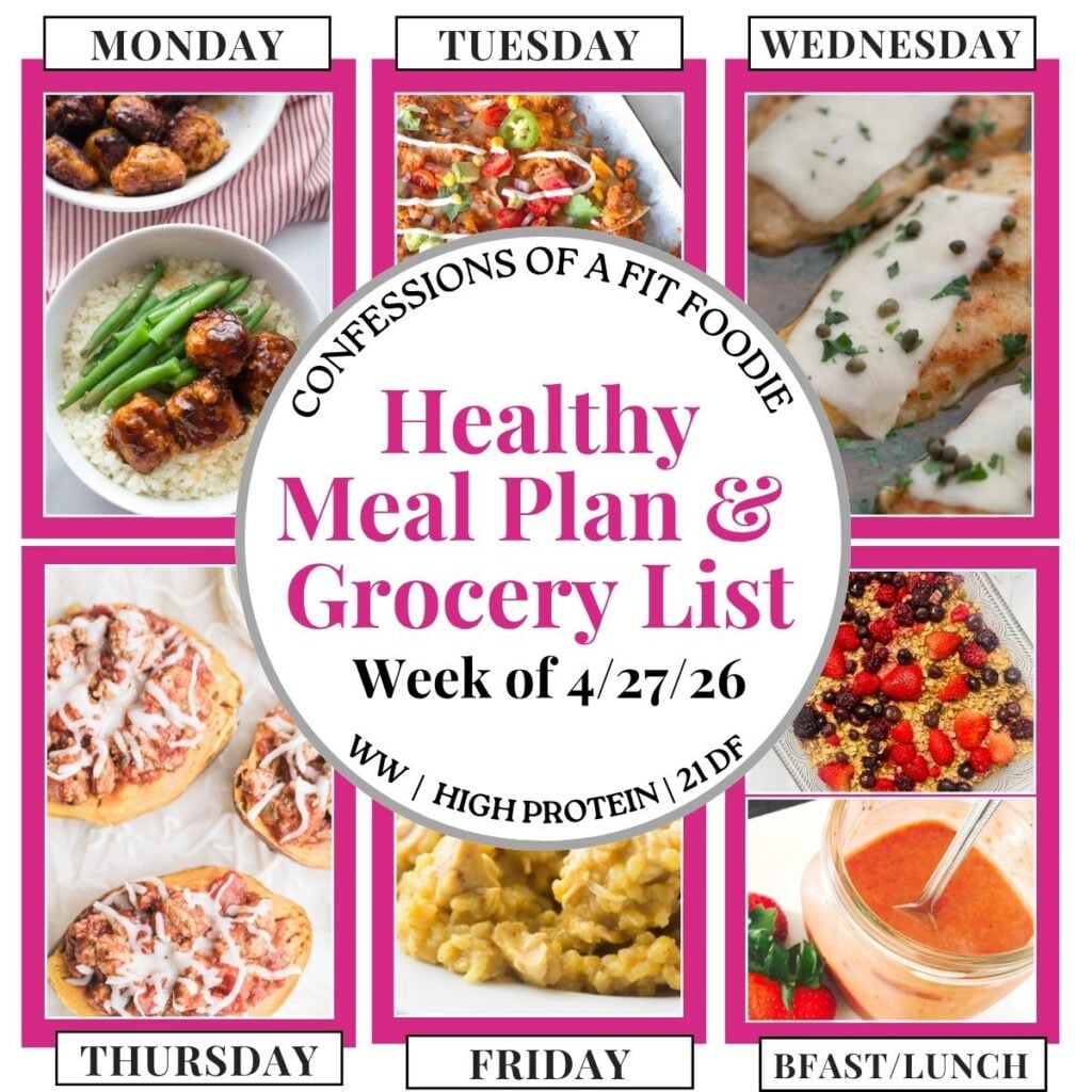 Food photo collage with pink and black text on a white circle. Text says, "Healthy Meal Plan and Grocery List Week of 4/27/26". Above and below each photo is the names of the day of the week and "bfast/lunch" in black all caps text.