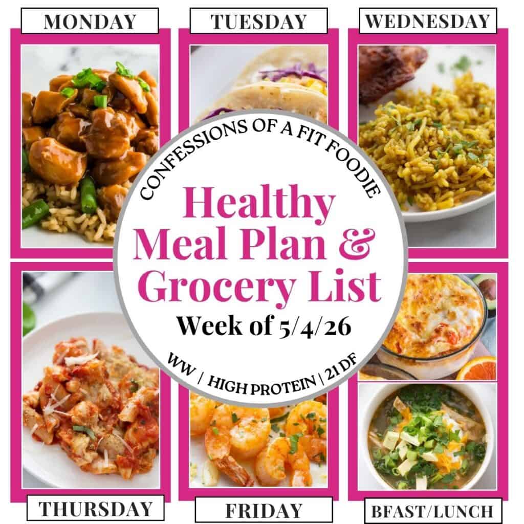 Food photo collage with pink and black text on a white circle. Text says, "Healthy Meal Plan and Grocery List Week of 5/4/26". Above and below each photo is the names of the day of the week and "bfast/lunch" in black all caps text.