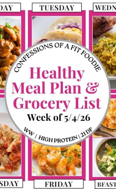Food photo collage with pink and black text on a white circle. Text says, "Healthy Meal Plan and Grocery List Week of 5/4/26". Above and below each photo is the names of the day of the week and "bfast/lunch" in black all caps text.