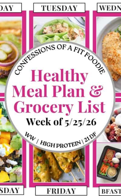 Food photo collage with pink and black text on a white circle. Text says, "Healthy Meal Plan and Grocery List Week of 5/25/26". Above and below each photo is the names of the day of the week and "bfast/lunch" in black all caps text.