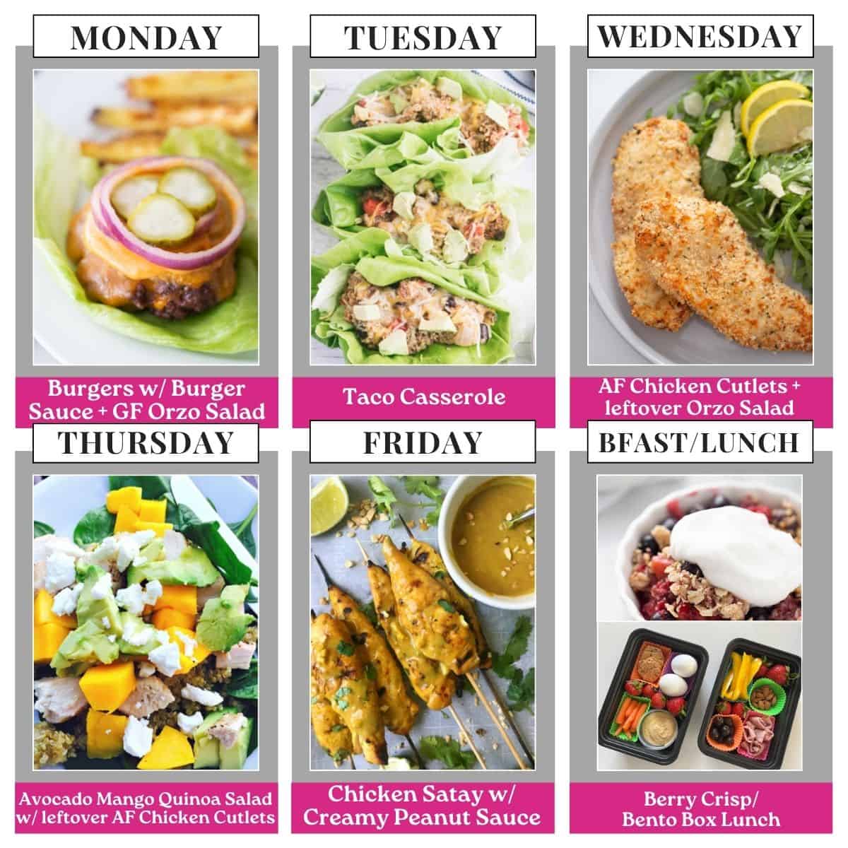 Food photo collage with seven pictures. Above each photo is a text box with the days of the week or "bfast/lunch" in all caps black text on a white rectangle. Under each food photo is the name of the recipe in white text on a pink background.