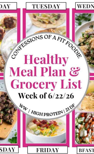 Food photo collage with pink and black text on a white circle. Text says, "Healthy Meal Plan and Grocery List Week of 6/22/26". Above and below each photo is the names of the day of the week and "bfast/lunch" in black all caps text.