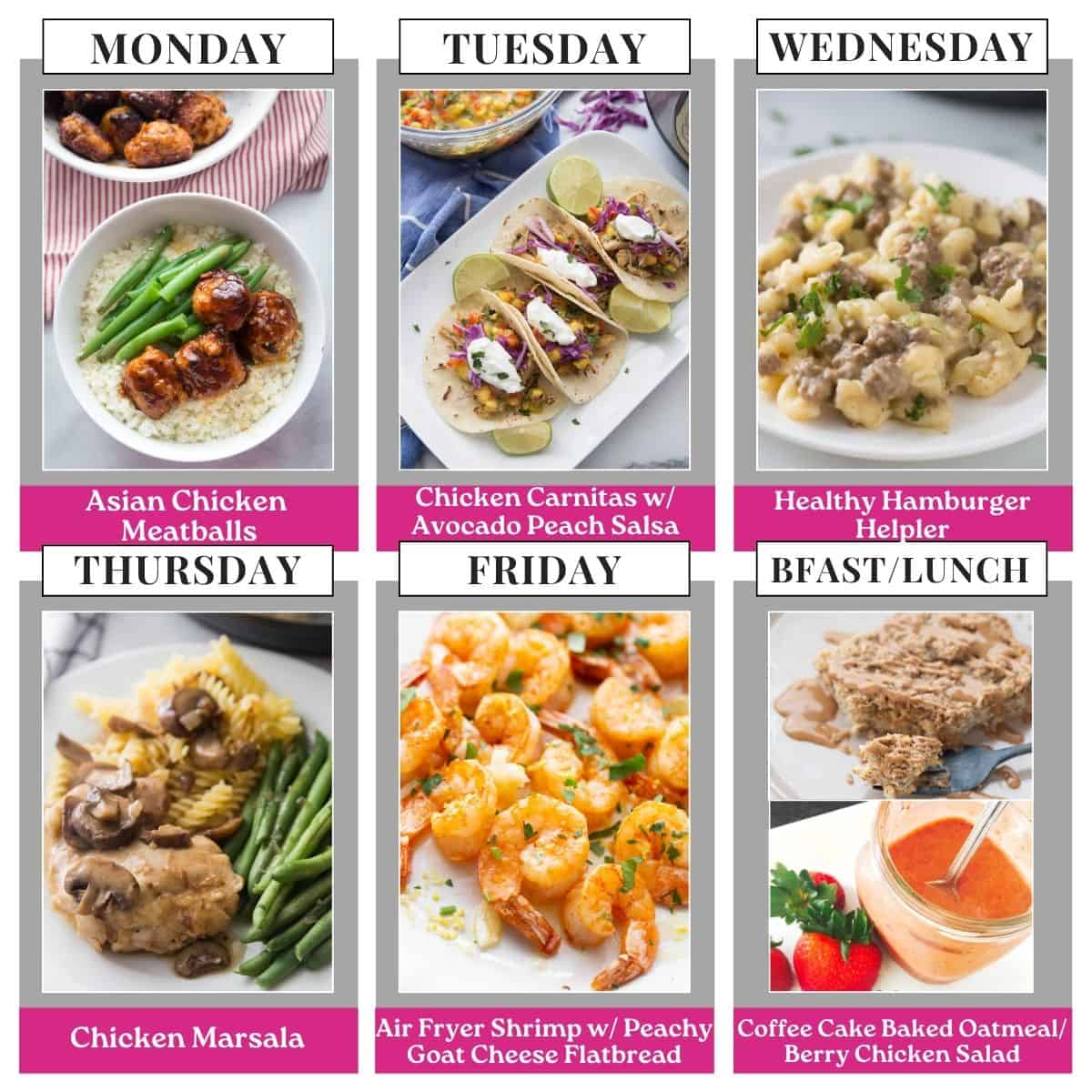 Food photo collage with seven pictures. Above each photo is a text box with the days of the week or "bfast/lunch" in all caps black text on a white rectangle. Under each food photo is the name of the recipe in white text on a pink background.