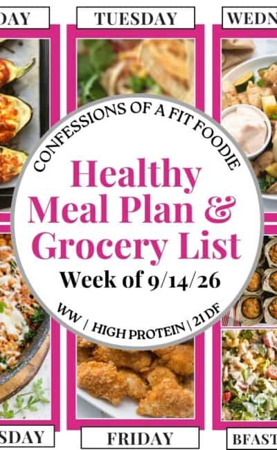 Food photo collage with pink and black text on a white circle. Text says, "Healthy Meal Plan and Grocery List Week of 9/14/26". Above and below each photo is the names of the day of the week and "bfast/lunch" in black all caps text.