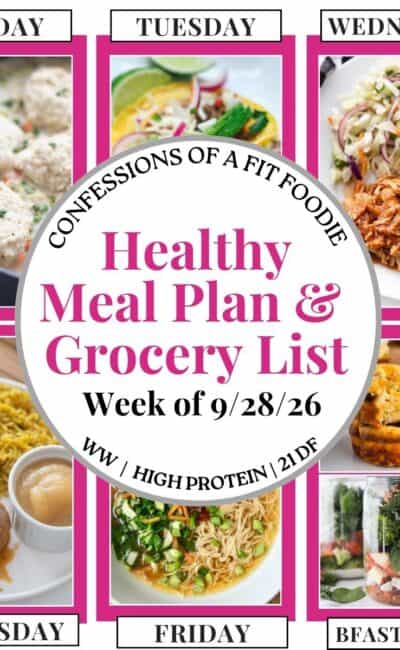 Food photo collage with pink and black text on a white circle. Text says, "Healthy Meal Plan and Grocery List Week of 9/28/26". Above and below each photo is the names of the day of the week and "bfast/lunch" in black all caps text.