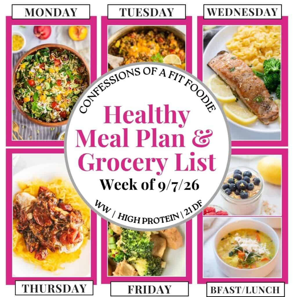 Food photo collage with pink and black text on a white circle. Text says, "Healthy Meal Plan and Grocery List Week of 9/7/26". Above and below each photo is the names of the day of the week and "bfast/lunch" in black all caps text.