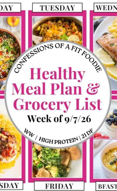 Food photo collage with pink and black text on a white circle. Text says, "Healthy Meal Plan and Grocery List Week of 9/7/26". Above and below each photo is the names of the day of the week and "bfast/lunch" in black all caps text.