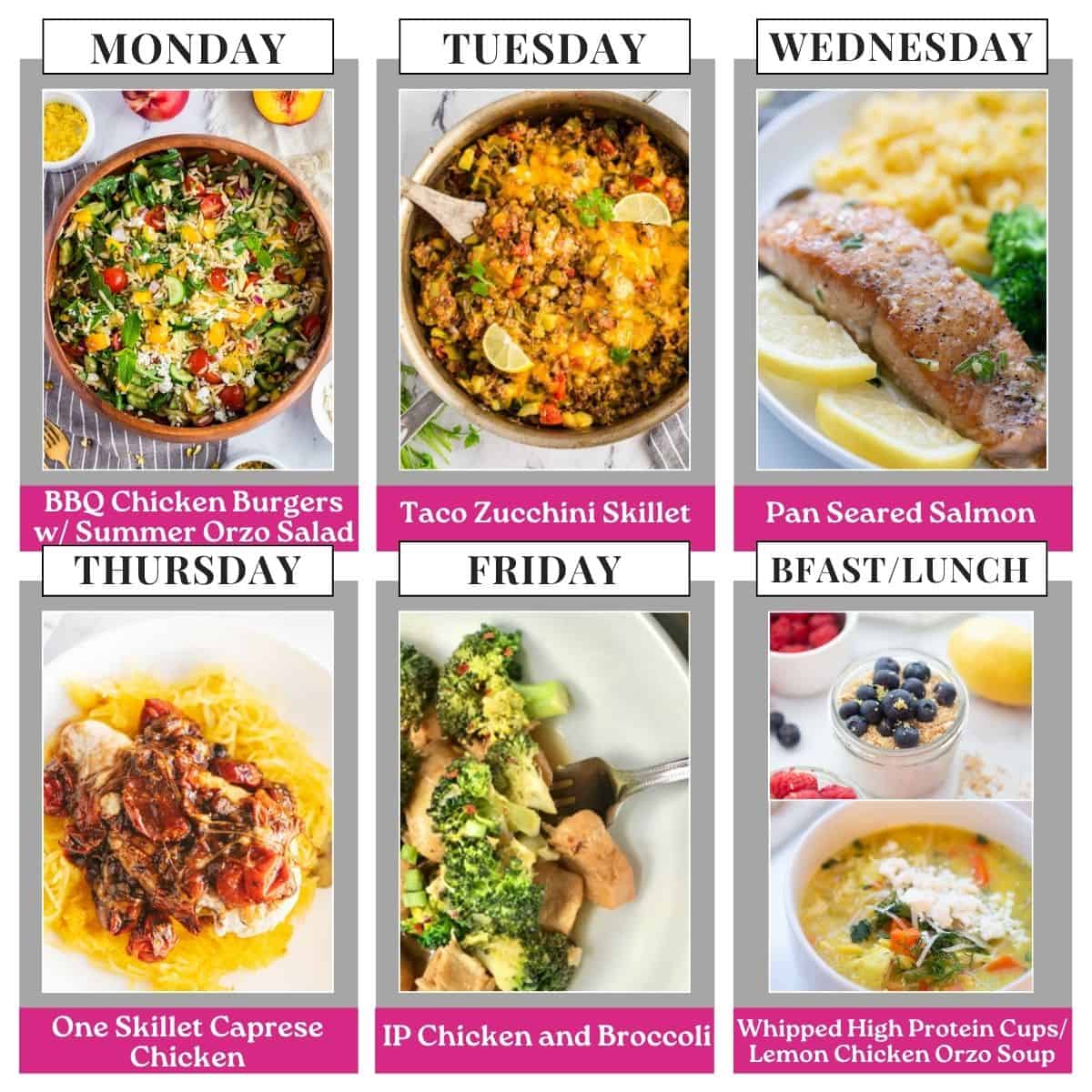 Food photo collage with seven pictures. Above each photo is a text box with the days of the week or "bfast/lunch" in all caps black text on a white rectangle. Under each food photo is the name of the recipe in white text on a pink background.