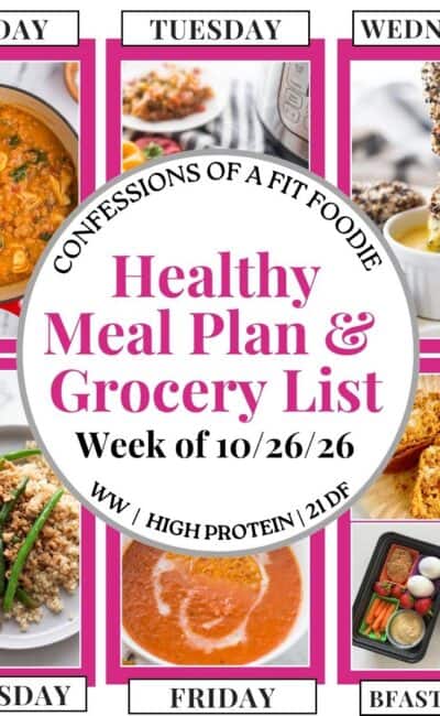 Food photo collage with pink and black text on a white circle. Text says, "Healthy Meal Plan and Grocery List Week of 10/26/26". Above and below each photo is the names of the day of the week and "bfast/lunch" in black all caps text.