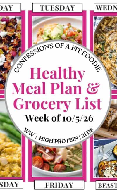 Food photo collage with pink and black text on a white circle. Text says, "Healthy Meal Plan and Grocery List Week of 10/5/26". Above and below each photo is the names of the day of the week and "bfast/lunch" in black all caps text.